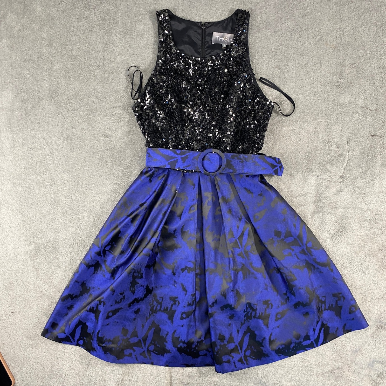 Theia Cocktail Dress Women 10 Blue Black Sequin Jacquard Belted Fit Flare 800511